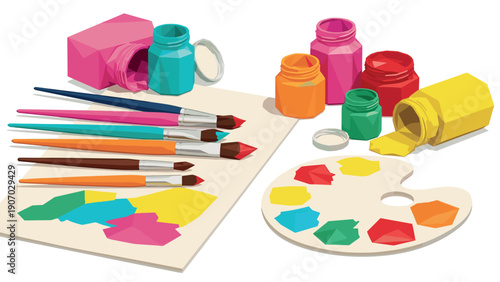 Vibrant art supplies: paintbrushes palette and colorful jars in geometric design