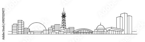 Minimalist city skyline with prominent landmarks and black background
