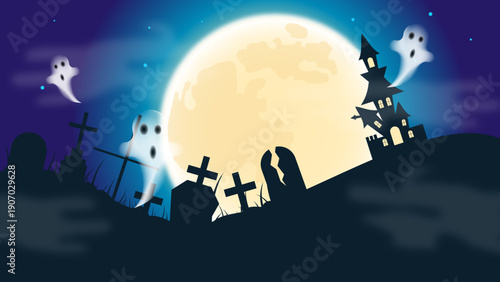 Spooky Halloween Graveyard with Haunted House, Ghosts, and Full Moon – Horror Vector Illustration