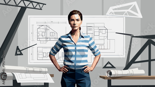 Confident engineer in geometric setting with architectural plans in modern office
