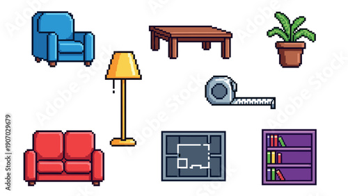 Retro pixel art home decor with furniture and accessories