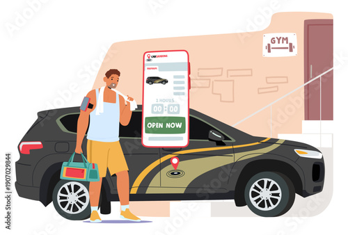 Male athlete using carsharing app on smartphone after gym workout for commute home cartoon scene