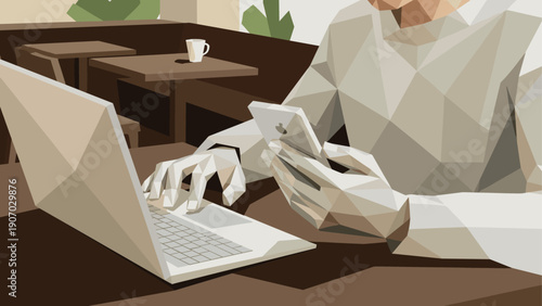 Geometric polygonal art: person using laptop and smartphone in cafe setting
