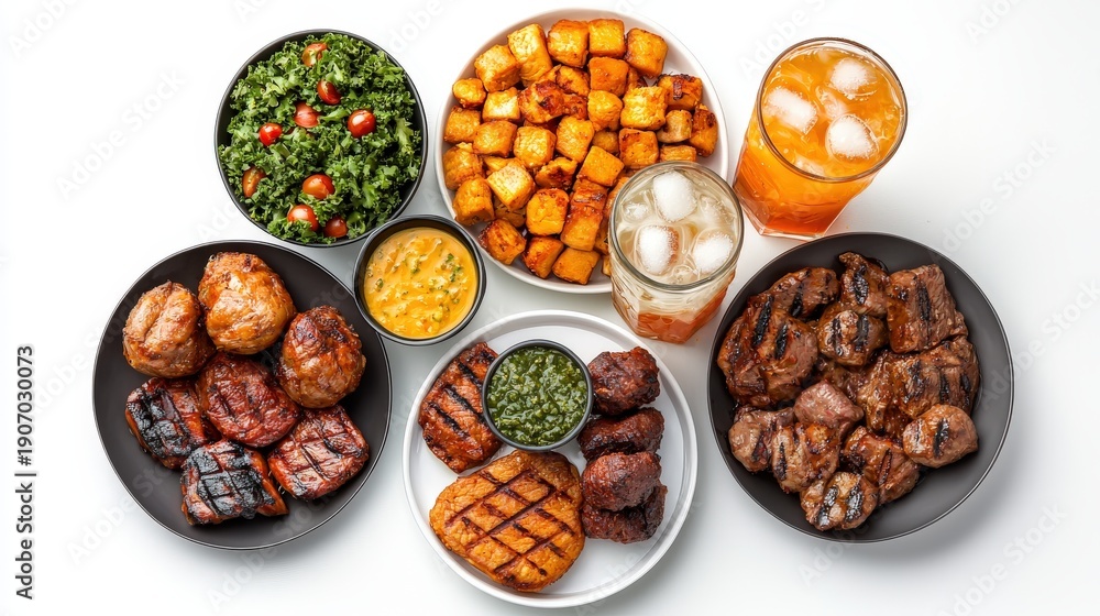 Obraz premium Assorted fried chicken pieces with dipping sauces and side dishes including salad and crispy potato cubes served with beverages on a white background
