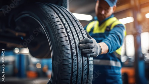 Automotive Technician Inspecting Tire Tread in Garage: Vehicle Maintenance and Safety Check