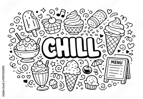 Chill theme with ice cream cones and desserts in monochrome doodle art