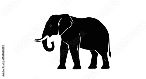 African Elephant Silhouette with Tusks Side View Vector Illustration
