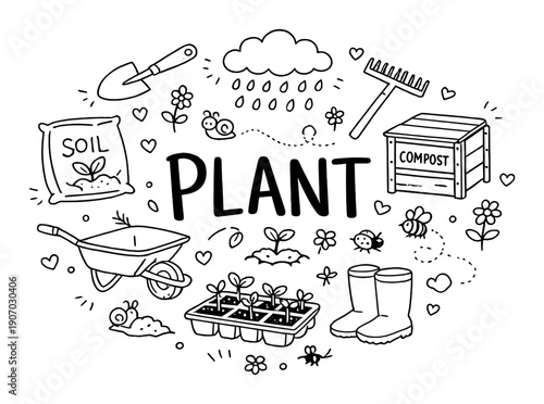 Gardening tools and elements illustrated with seeds, plants, and compost