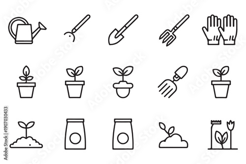 Gardening tools and plants line icons set, collection of garden equipment vector sketches