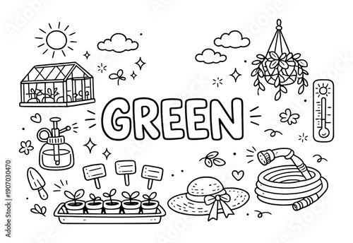 Greenhouse gardening essentials in monochrome illustration