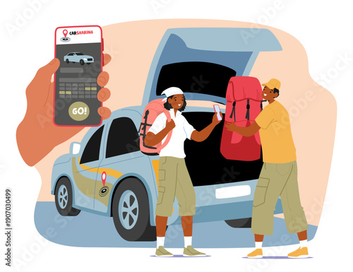 Couple using carsharing mobile app to prepare for road trip, vacation or weekend travel scene