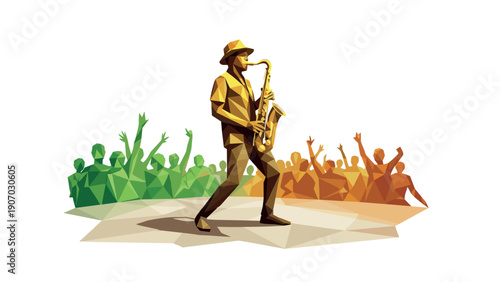 Low poly jazz musician playing saxophone in colorful crowd scene