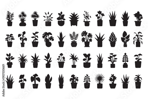 Vector silhouette icons of indoor plants in pots for gardening and home decoration branding projects art