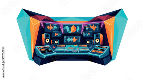 Futuristic music studio console with geometric design and digital interface
