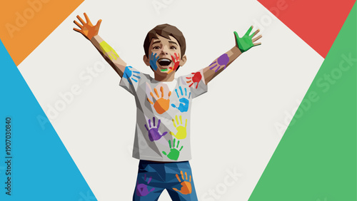 Joyful child with colorful paint handprints celebrating creativity