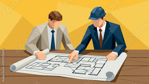 Architects reviewing blueprint in geometric style office setting