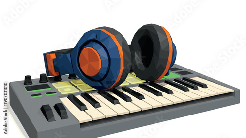 Low poly headphones and synthesizer on white background