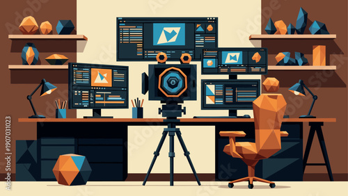 Geometric workspace: digital art studio with monitors and camera in low poly style