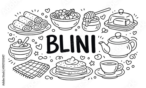 Black and white doodle art of blini and tea set with food elements