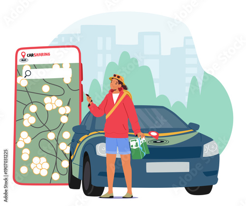 Young woman tourist using smartphone app to book carsharing service for trip vector illustration