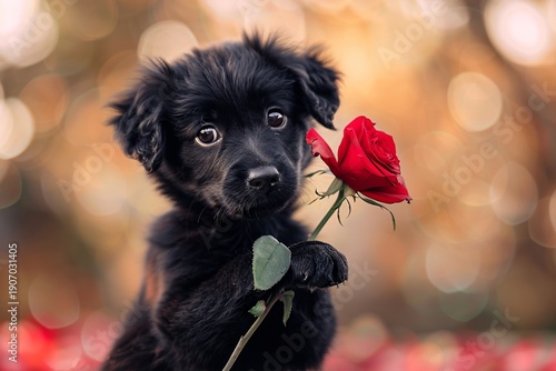Adorable black puppy holding red rose with soft bokeh background expressing love affection romance and cute pet emotion