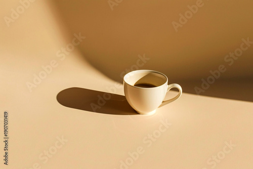 Minimal coffee cup with long shadow on beige background warm sunlight aesthetic clean still life composition