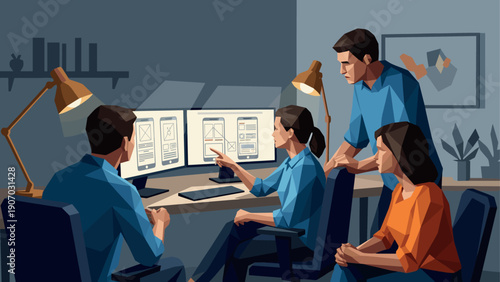 Collaborative teamwork in business office with multi-screen setup