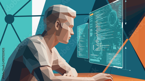 Polygonal design: man analyzing futuristic data on a digital interface screen