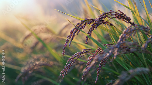 Closeup of rice plant in golden sunlight agriculture crop growth farming natural food production concept
