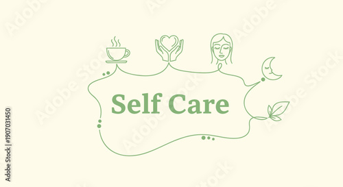 Vector self care logo with candle, flower, and face outline, green line art on beige background, for wellness website or social media overlay