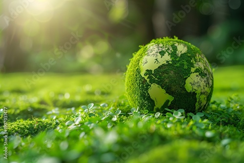 Green earth globe resting on moss representing sustainability environmental protection ecology and future of the planet