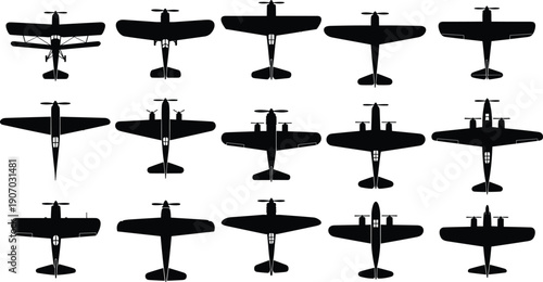 Vintage airplane silhouette collection, top view aircraft shapes, aviation design set, retro plane icons, military and civilian aircraft illustration