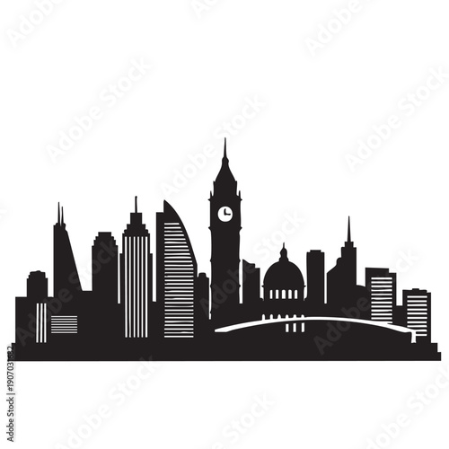 Diverse city skyline silhouette with iconic landmarks and modern architecture in black vector illustration. dynamic urban panorama featuring famous structures and contemporary buildings