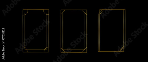 Thin golden frame set. Gold geometric border collection in art deco style. Thin linear shining rectangular shape bundle. Brass glowing shiny boarder element pack for photo, cadre, poster, card. Vector