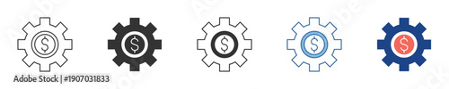 Dynamic icon set illustrating a gear and dollar symbol combination, representing strategic financial planning, expense control, and operational budget management solutions for modern digital platforms