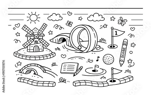 Cartoon mini golf course with windmill and obstacles