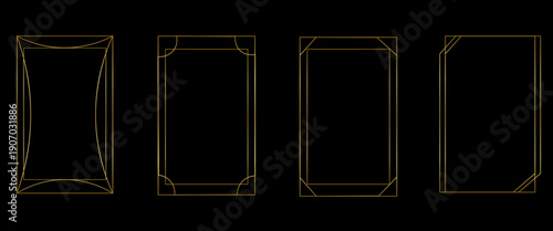 Thin golden frame set. Gold geometric border collection in art deco style. Thin linear shining rectangular shape bundle. Brass glowing shiny boarder element pack for photo, cadre, poster, card. Vector