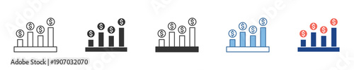 Diverse icons of bar charts showing upward trends and top position markers, symbolizing business growth, success, and achievement in data analysis and progress reporting