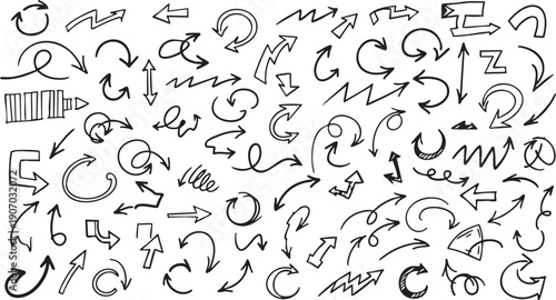 A comprehensive collection of hand-drawn check marks, X marks, arrows, circles, and rectangles for graphic design.