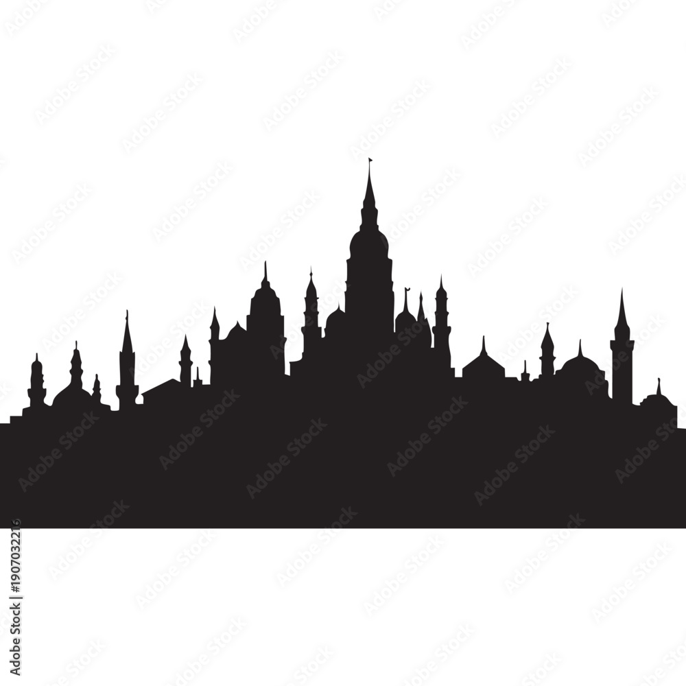 Fototapeta premium Historical city skyline silhouette featuring domes, minarets and intricate architecture, ancient cityscape graphic vector art