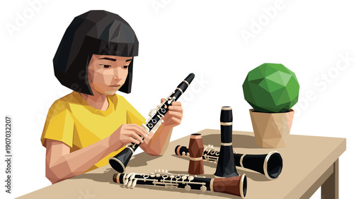 Geometric art of girl assembling clarinet at table with plant