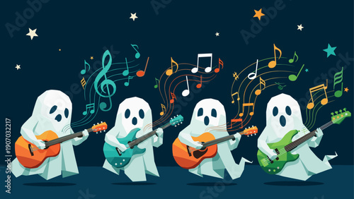 Ghost band jamming: cute spirits playing electric guitars under a starry sky