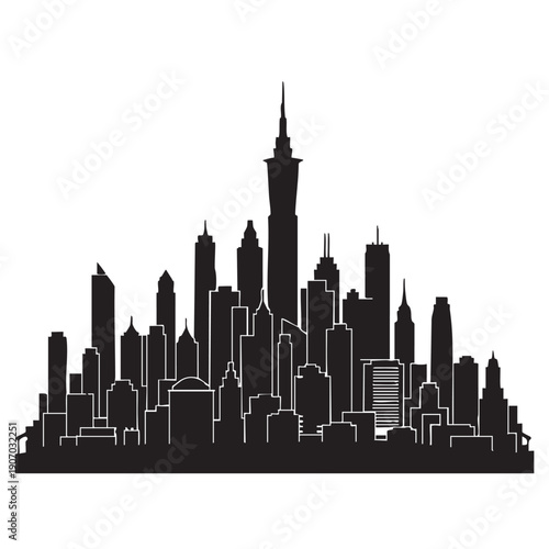 Detailed urban skyline silhouette city landscape with various buildings and architectural structures creating a panoramic view of modern metropolis against a clear white background illustration