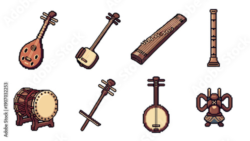 Pixel art collection of traditional musical instruments with detailed designs