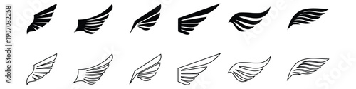 Collection of various diverse wing icons. Set of line and silhouette black wings. Wings collection in different shapes. Angel wings elements. Vector illustration. 