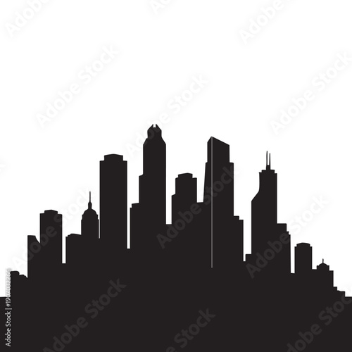 American city skyline silhouette with diverse skyscrapers and unique architectural styles, urban cityscape graphic vector illustration