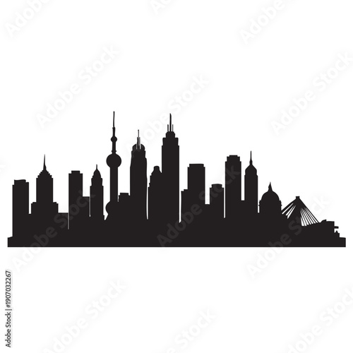 Shanghai skyline silhouette with iconic landmarks like Oriental Pearl Tower and modern skyscrapers, city silhouette graphic vector