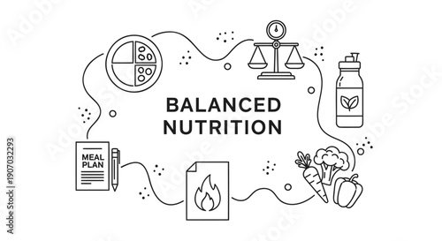 Balanced nutrition concept illustration with food icons and scales, for health or wellness website or presentation