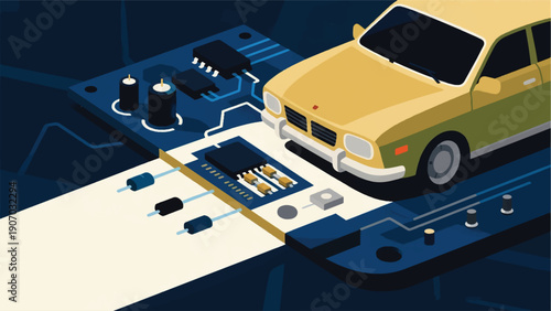 Illustration Of Pcb Circuits Capacitors, In Automotive Application, Putting A Car Vector Design Template