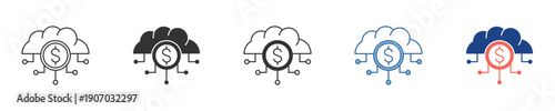 Cloud Computing Finance Icon Set Illustrating Digital Money Management and Data Exchange in Modern Economic Systems